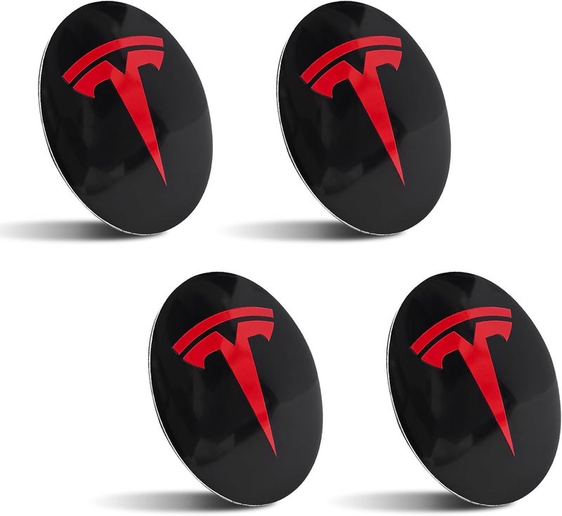 Knomix 4 Pack Aluminum Waterproof Wheel Cover Center Emblem Sticker for Tesla Model 3 Model Y 56mm Hubcaps Wheel Rim Cover (Black Background+Red Emblem) - Image 3